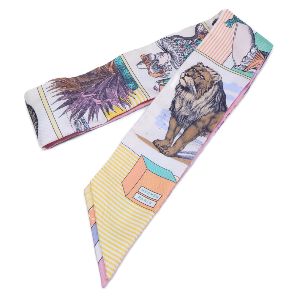 HERMES Grand Théâtre Nouveau Silk Twilly Scarf/Muffler, Pink/Yellow Tones, Wo...